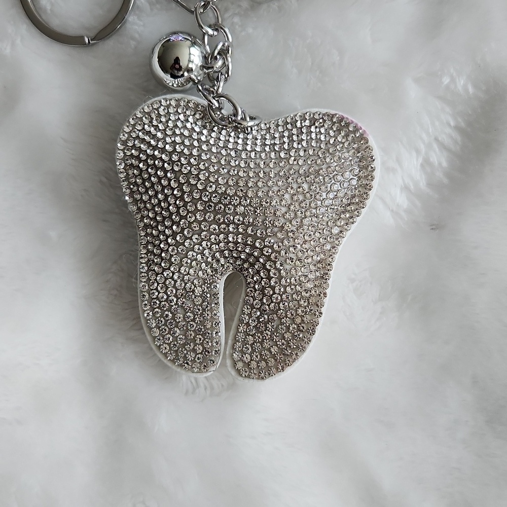 Silver Rhinestone Tooth Keychain Bag Charm - Picture 2 of 3